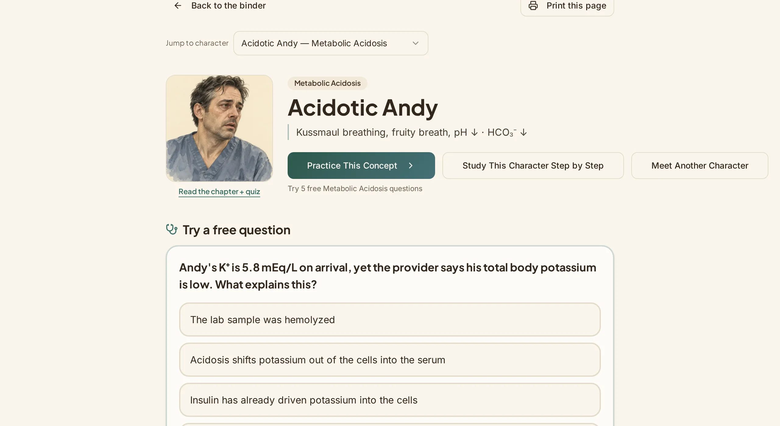 A Recall Binder character page for Acidotic Andy with his portrait, cues, and a practice question