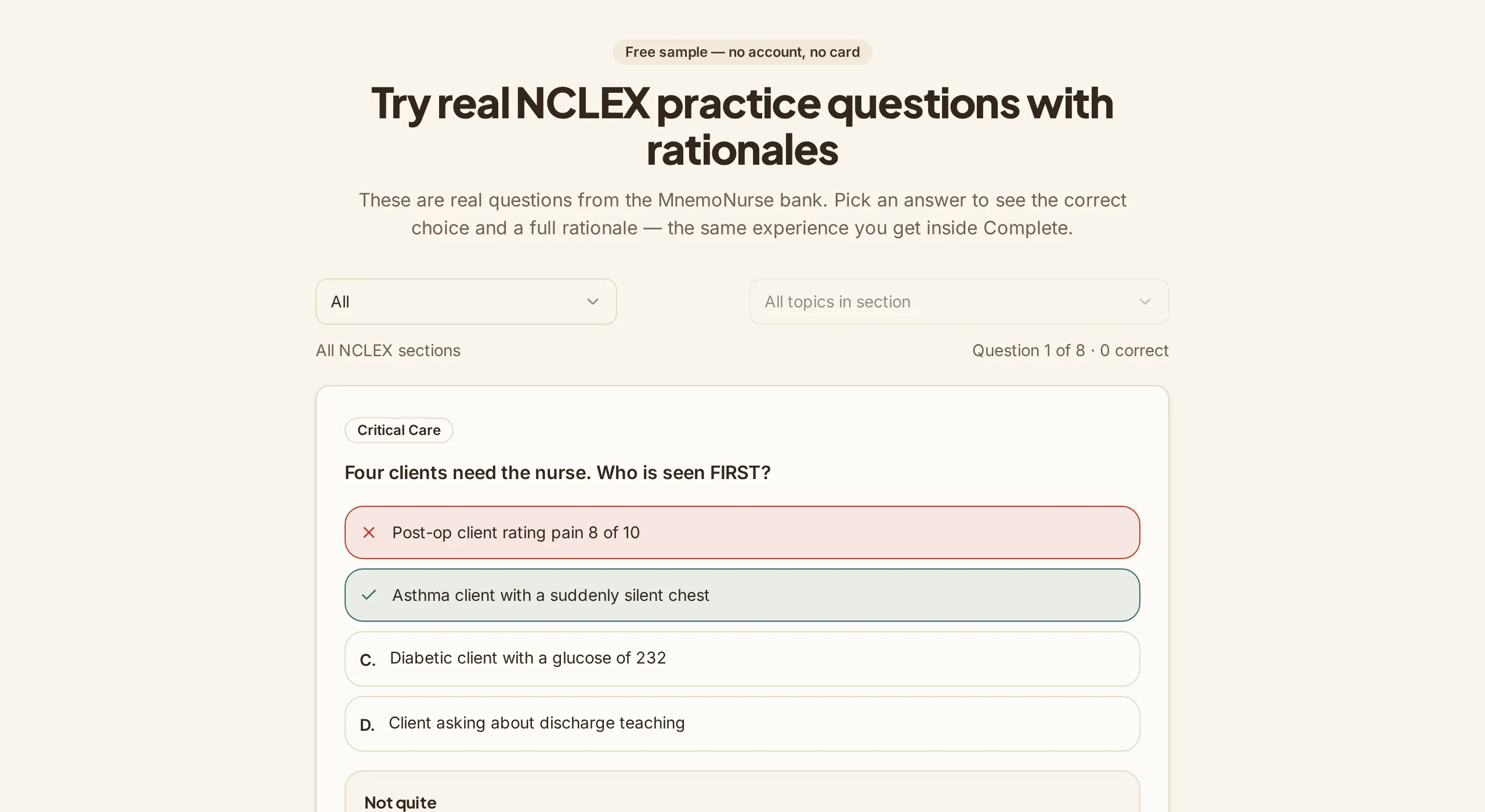A MnemoNurse practice question with the answer checked and the full rationale expanded